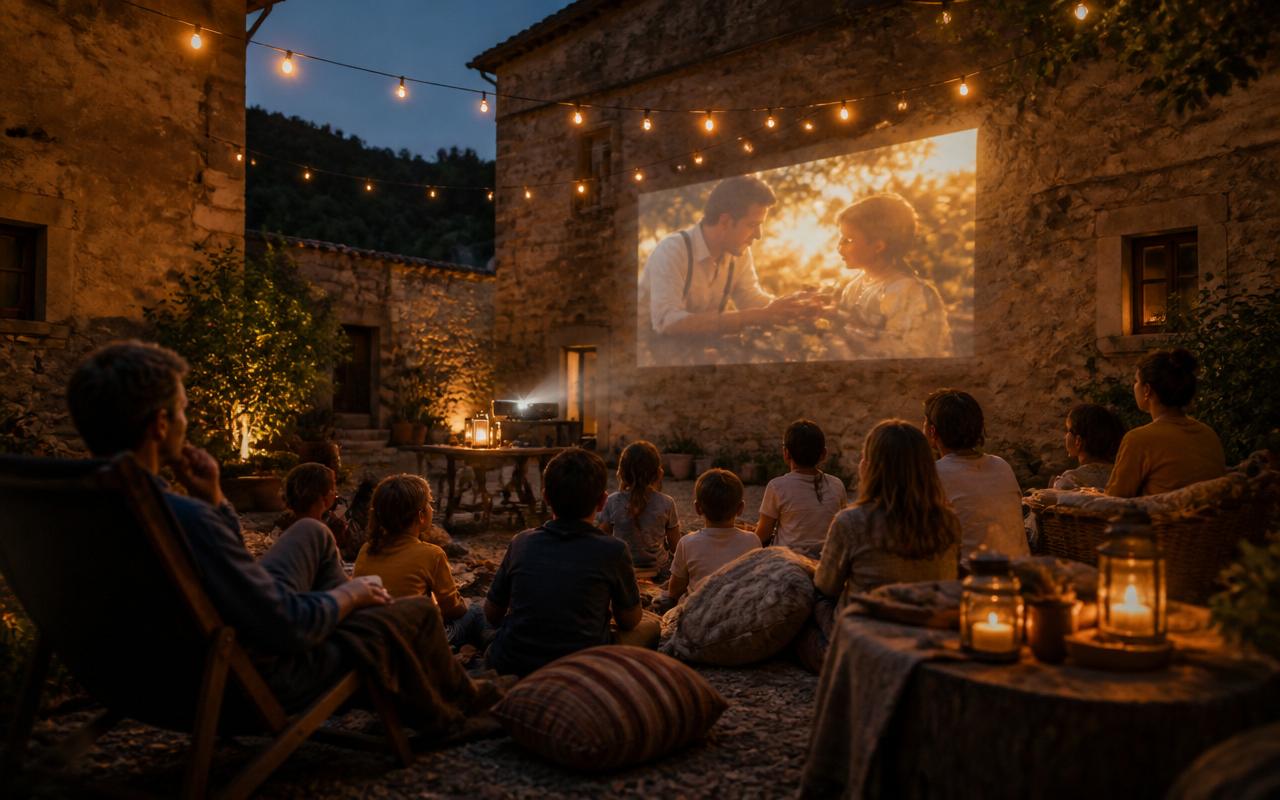 A small group watching an outdoor film projected on a stone wall in a village courtyard at dusk, fairy lights and warm glow