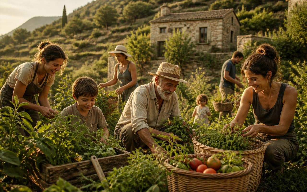 Several people harvesting fresh vegetables together in a terraced garden, golden afternoon light