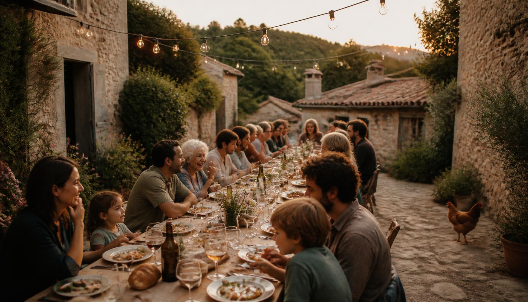 A long outdoor dinner table in a restored Italian village courtyard at golden hour, people of all ages sharing food and laughing together under warm string lights