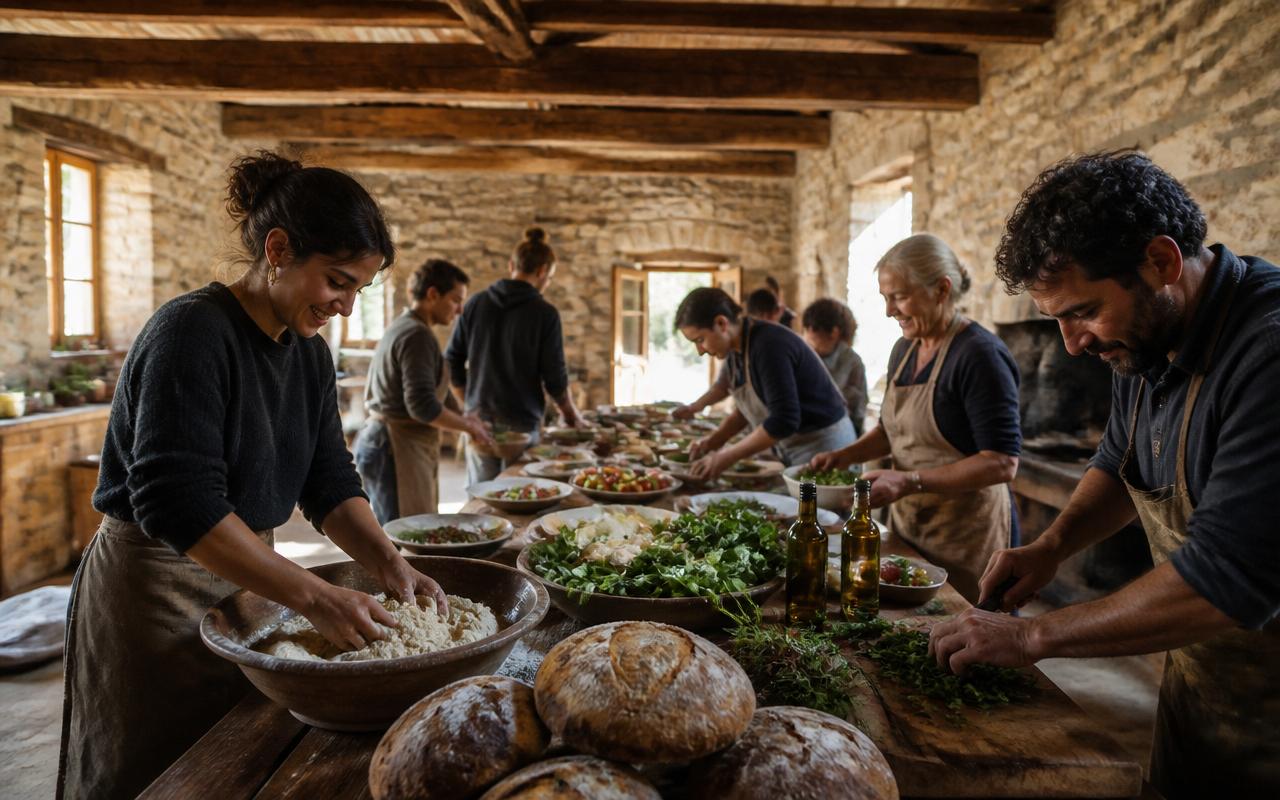 People cooking together in a large rustic community kitchen with stone walls and wooden beams