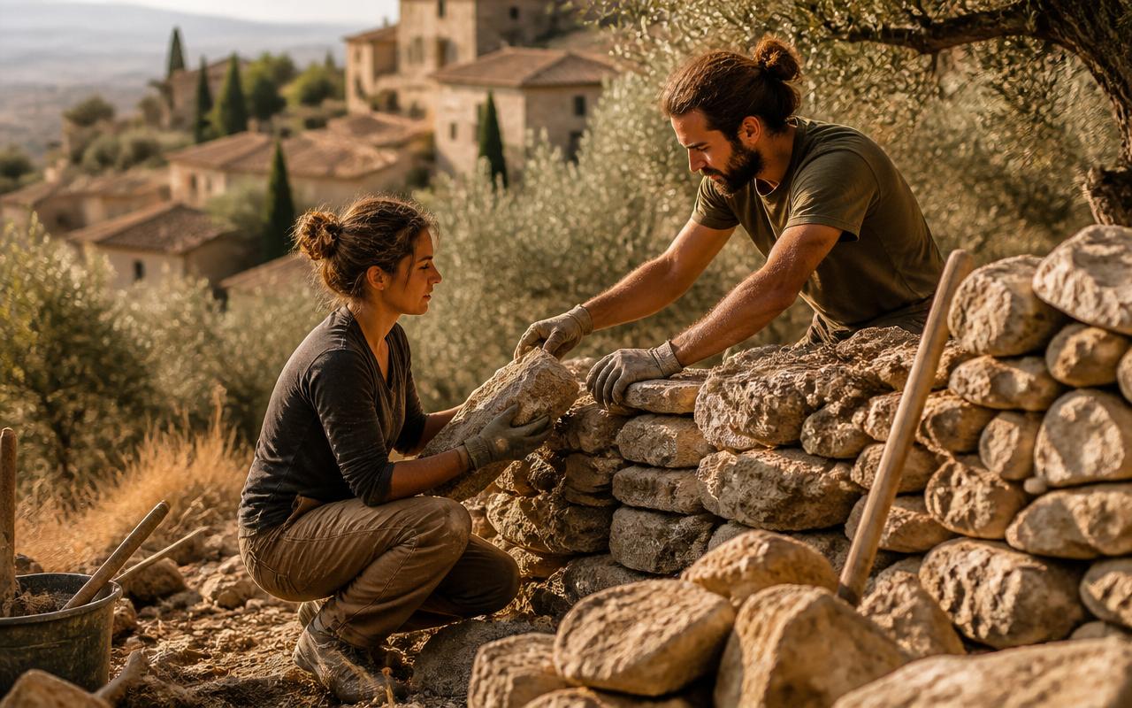 Two people carefully repairing an old stone wall together in a Tuscan village, warm afternoon sunlight
