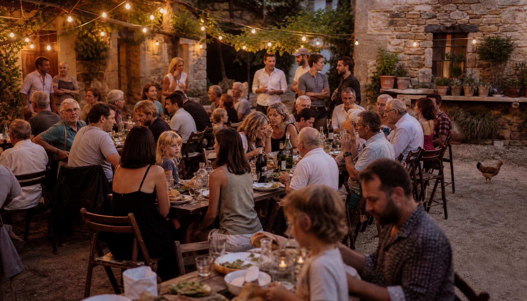 A large village courtyard at dusk: long wooden tables under warm fairy lights, dozens of people of all ages sharing food and wine together. A brown chicken walks quietly near the stone wall.