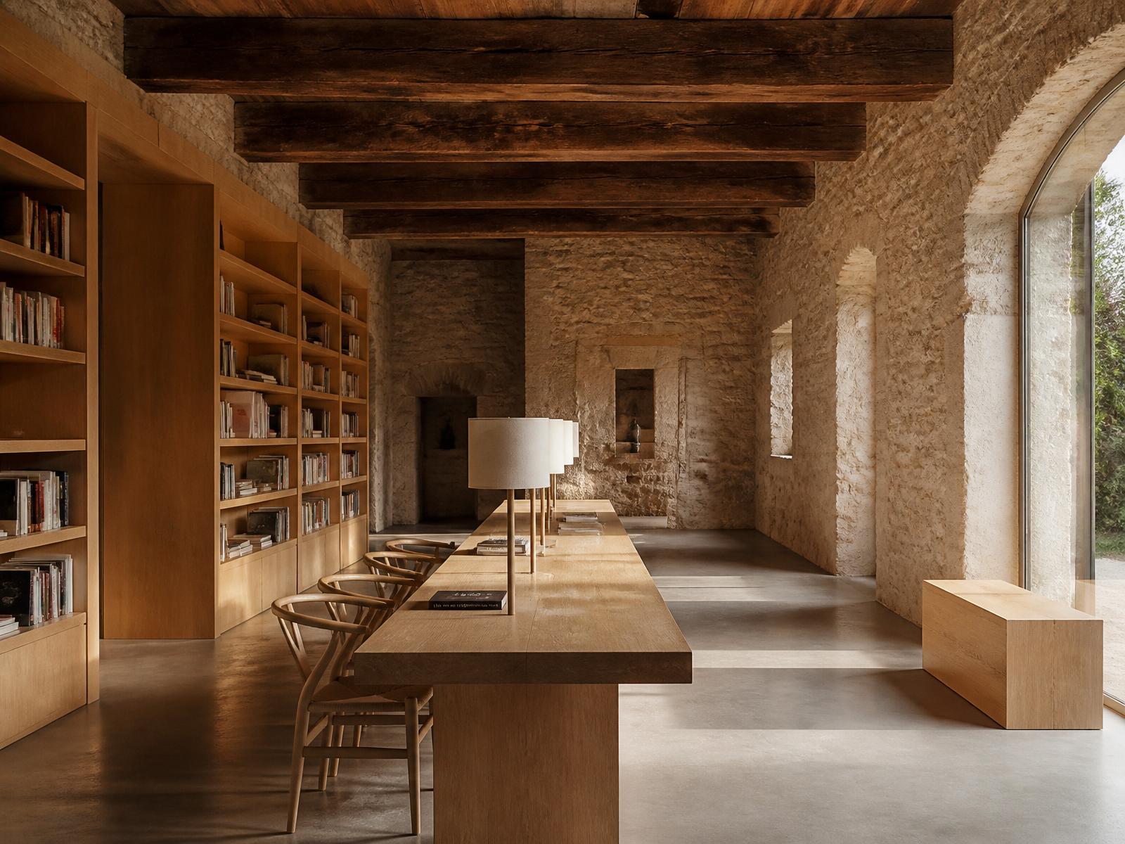 A tall old monastery library with leather-bound books and shafts of light