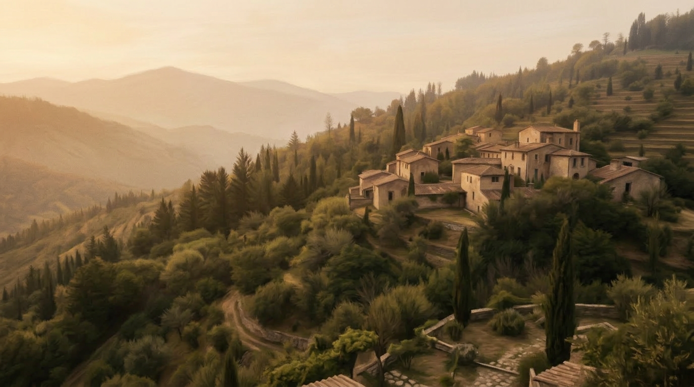Aerial view of an abandoned stone village nestled in the forested hills of Lunigiana, Tuscany