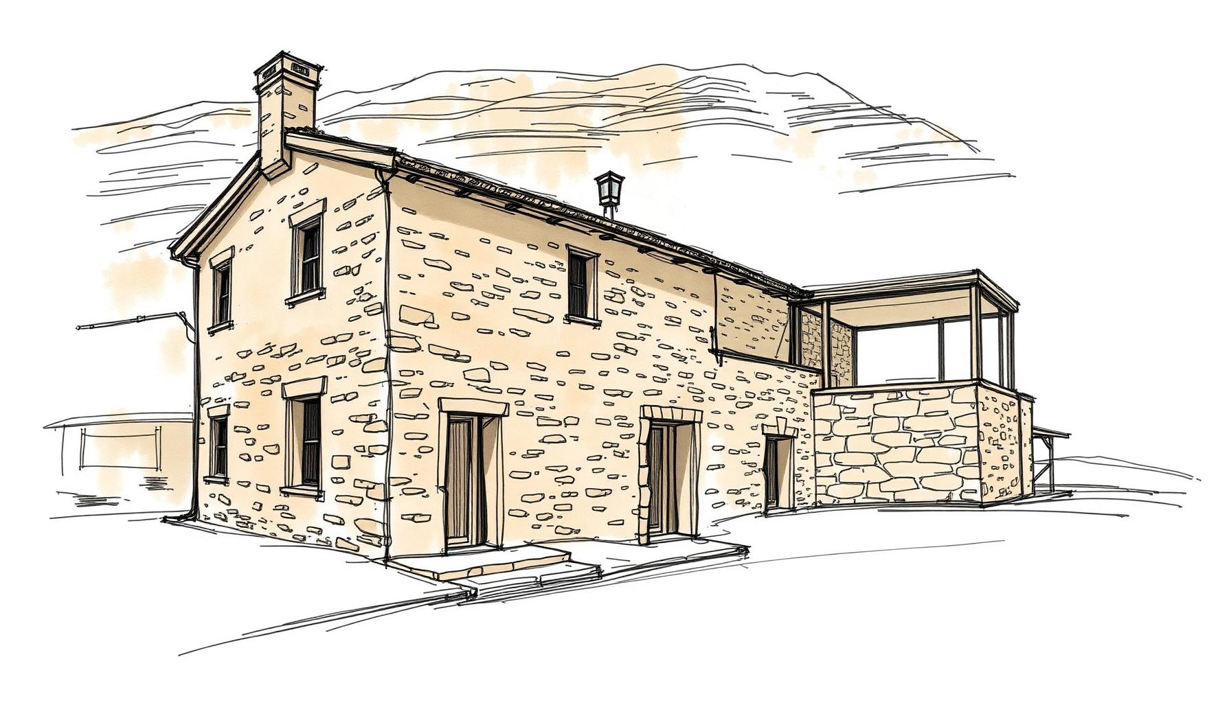 Architectural sketch showing traditional stone building with a quiet modern addition blending into the terraced hillside